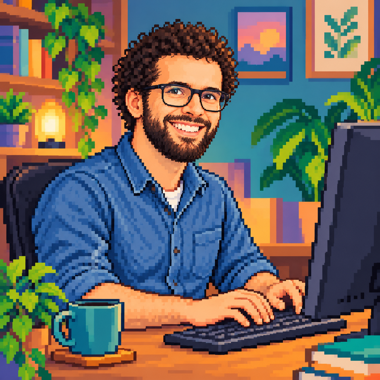 Pixel art of Bruno Peres sitting at a computer and typing